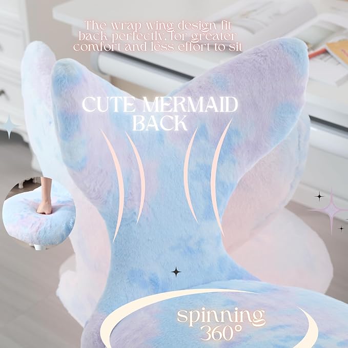 Fuzzy Desk Chair, Cute Swivel Children Desk Chair with Wheels for Kids Bedroom Upholstered Rolling Study Chair Adjustable Computer Chair Mermaid Back Vanity Chair for Teen Girls Boys, Blue Colorful