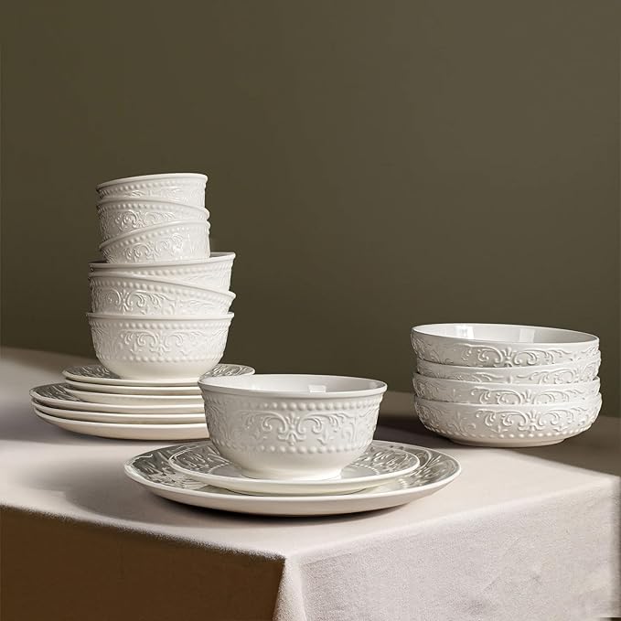 Small Ceramic Bowls - 14 Oz Ice Cream Bowls Set of 4, White Embossment Dessert Bowl for Kitchen, Soup, Side Dishes, Oatmeal, Rice, 4.75 Inch Microwave Oven Safe(Brocade Flower)