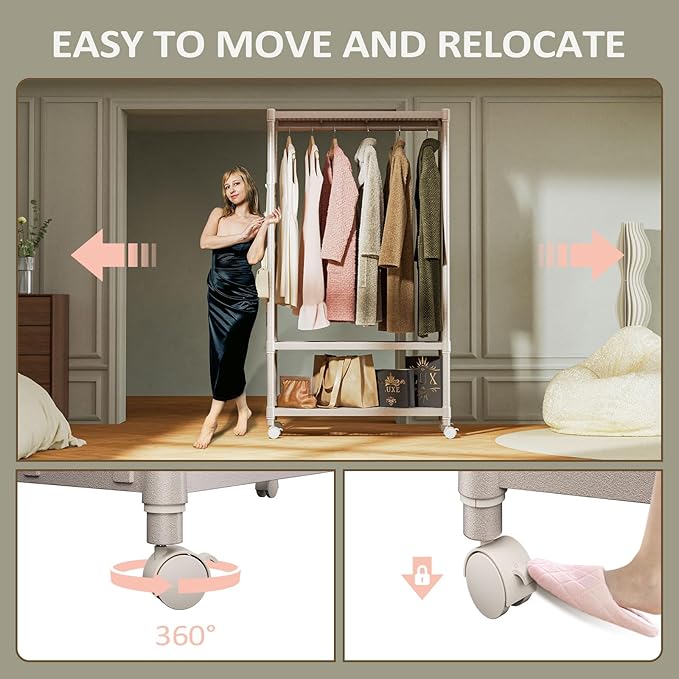 IZEUK Heavy Duty Clothing Rack with Wheels, Rolling Closet Organizer and Garment Rack for Hanging Clothes with 1 Hang Rods & Side Hooks, Metal Wardrobe, 17.7" D x 33.5" W x 70.3" H, Gold