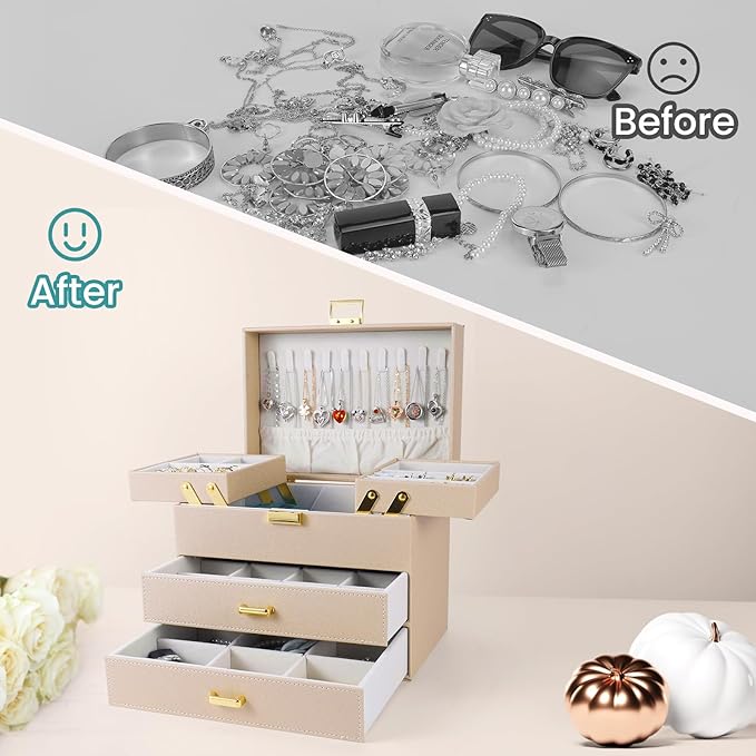 Dajasan Jewelry Organizer Box, Jewelry Holder Organizer Box, PU Leather Jewelry Box, Gift Idea for Valentine's Day, Birthday, Mother's Day, Christmas (Champagne)