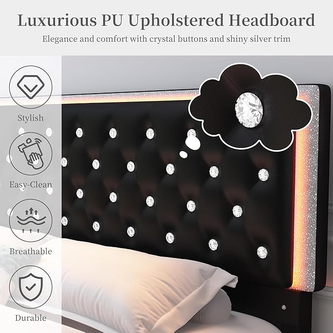 Full Led Bed Frame with 2 Drawers, Upholstered Platform Storage Bed Frames Full Size with Crystal Button Tufted Headboard Footboard, Solid Slats, No Box Spring Needed, Easy Assembly, PU Black