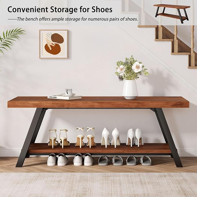 IBF Natural Real Wood Entryway Bench, Solid Wood Storage Bench, Industrial Bedroom Bench in Entry Way Hallway Foyer Rack, Modern Shoe Bench Seat for Living Bed Room Indoor, Rustic Brown, 47 Inch
