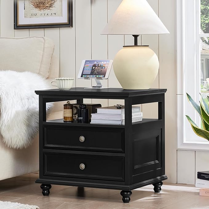 24" Wide Farmhouse Night Stand,Large End Table with 2 Drawers & Metal Handle,Wood Dresser for Bedroom, Black Bed Side Table Chest of Drawers Cabinet,Nightstand for Living Room,Closet
