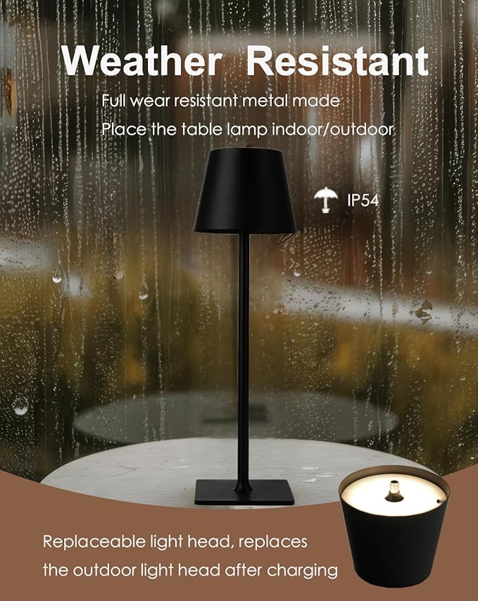 Cordless Table Lamp, Rechargeable Table Lamp with Touch Dimmable Control, Portable LED Desk Lamp for Indoor Patio (Black-Rectangle, 2)
