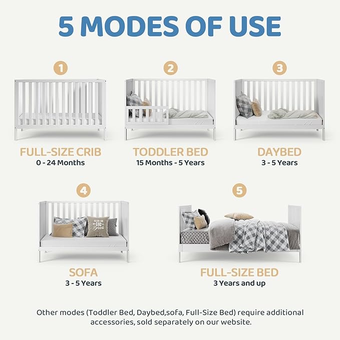 HARPPA Grevia 5 in 1 Convertible Crib, 3 Adjustable Heights, Converts to Toddler Bed, Daybed, Sofa and Full-Size Bed, Fits Standard Baby Crib Mattress, White