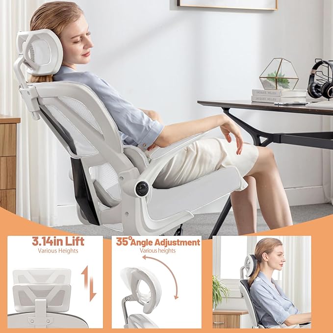Ergonomic Office Chair Computer Desk Chairs with Flip-up Armrests and Lumbar Support, High Back Mesh Gaming Chairs Rolling Work Swivel Task Chairs with Adjustable Headrest
