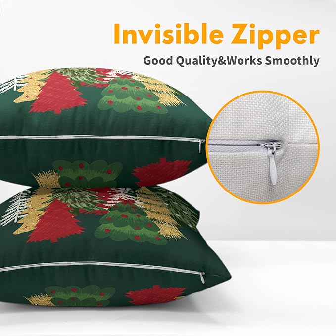 Kawani Christmas Green Decorative Pillow Covers 24x24 Inch Set of 2 Christmas Tree Outdoor Throw Pillow Covers Winter Xmas Holiday Pillowcases Cushion Covers for Home Couch Christmas Decor