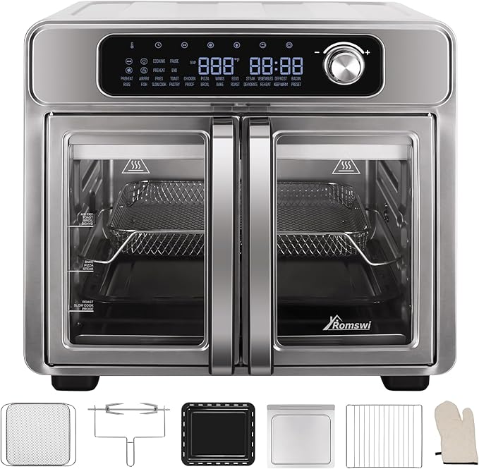 Romswi 26QT French Door Air Fryer Toaster Oven Combo, 24 Cooking Functions and Digital Controls, Fits 12" Pizza, 6 Slices of Toast, Rotisserie 6lb Chicken, 6 Accessories Included
