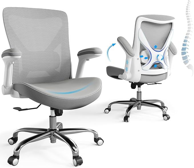 Ergonomic Office Chair-Computer PU Leather X-Shaped Desk Chair-Gaming Chair with Adjustable Flip-up Armrests Lumbar Support Mesh Executive Chair for Long Hours Office (White-Grey)