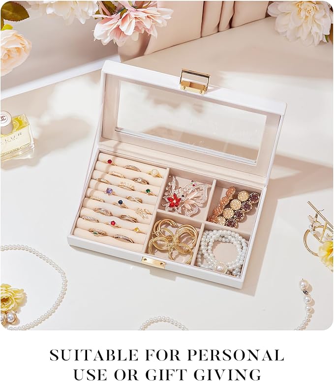 Homde Jewelry Tray Stackable Jewelry Box with Glass Lid, Removable Dividers for Vanity Table Gift Idea for Girls and Women (White)