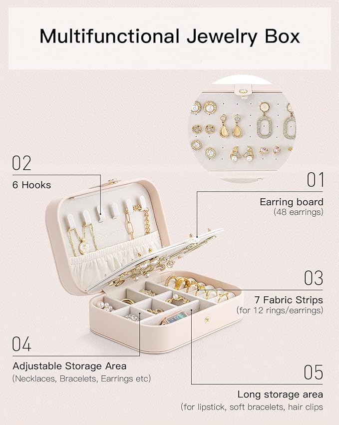 Vlando Travel Jewelry Case, PU Leather Travel Jewelry Box with Earring Holder, Portable Display Small Jewelry Box for Mothers Day Women Girls Gift - Pink