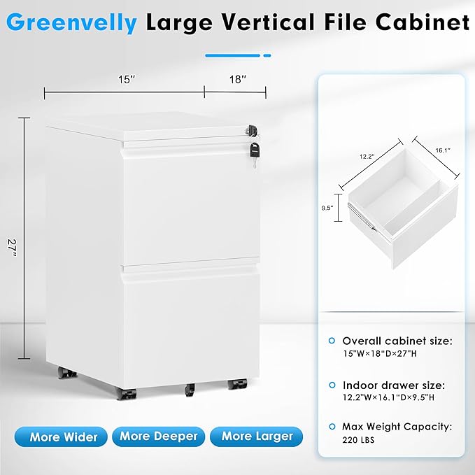 Greenvelly 2 Drawer Mobile File Cabinet with Lock, Metal Filing Cabinet on Wheels, Under Desk File Cabinet for Home Office Organizer Letter/Legal/A4 File (Assembly Required, White)
