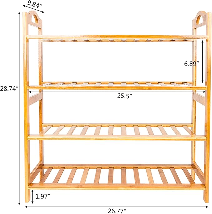 4-Tier Open Bamboo Shoe Rack Concise 12-Strip 4 Tiers Spacious Storage Shelf Stable Elegant Shoe Shelf Organizer Holds up to 44lbs for Entryway, Bedroom, Living Room, Kitchen (Wood Color)