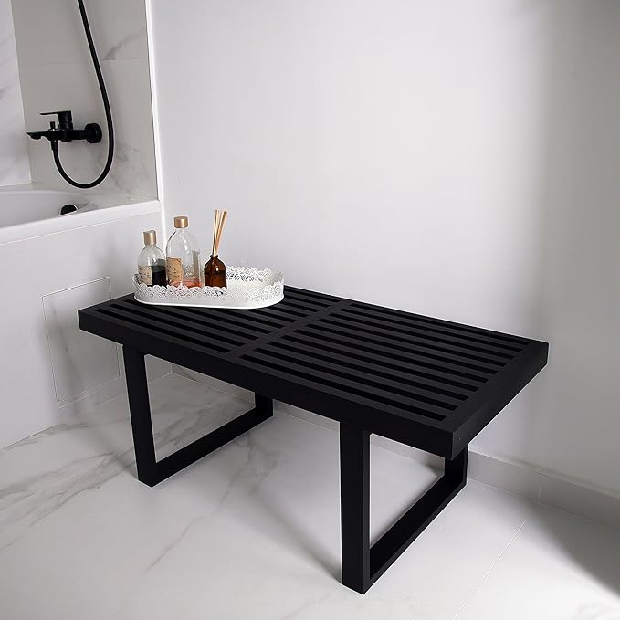 Bamboo Nelson Slat Wooden Bench, Small Wood Benches for Entryway, Living & Dining Room, Kitchen, Bedroom, Bathroom, Hallway, Front Door, for Indoor & Outdoor Patio Use, Mid Century Modern Decor