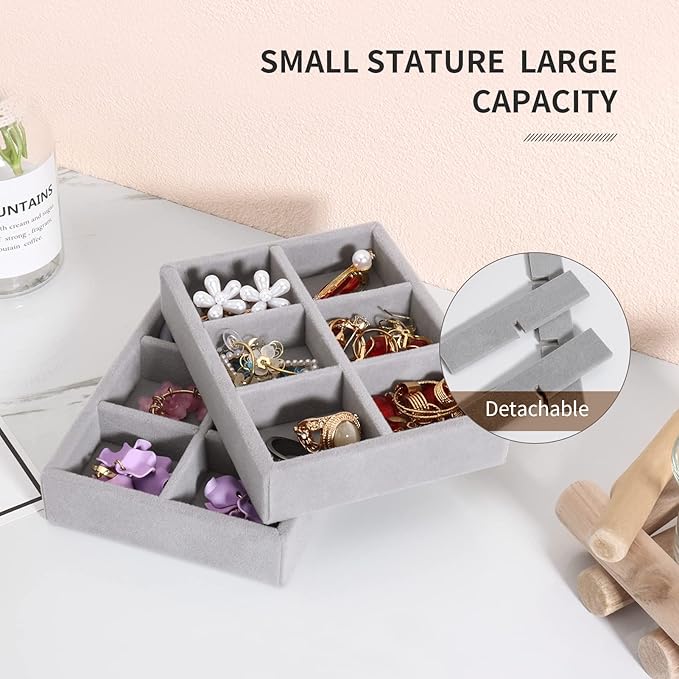DesignSter Small Jewelry Tray, 2PCS Ring Organizer, Velvet Jewelry Display Tray, Stackable Jewelry Organizer Trays, Jewelry Drawer Organizer Inserts For Dresser, Jewelry Box (Gray)