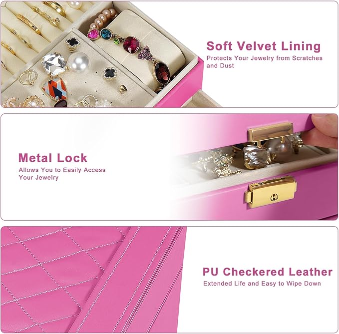 2-Layer Jewelry Box for women, jewelry organizers and storage with Removable Jewelry Tray, vintage quilted top Lockable Jewelry Holder Gift Idea Rose Red