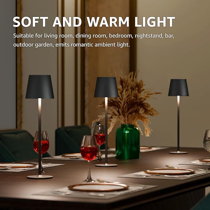 uuffoo 2 Pack Rechargeable Table Lamp Battery Operated Cordless Table Lamps with 3 Colors Stepless Dimming, Desk Night Light for Restaurant, Patio, Bedroom, Bar (Black)