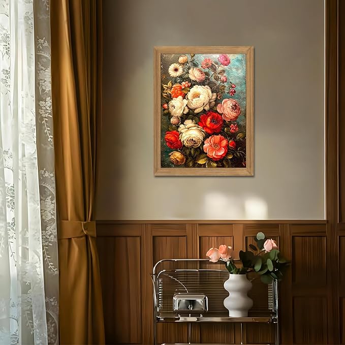 AKWISH Framed Vintage Floral Wall Art - 3D Textured Antique Colorful Flowers Oil - Hand Drawn Painting Classical Botanical Art Wall Decor for Living Room Bedroom Office Decor 12x16in