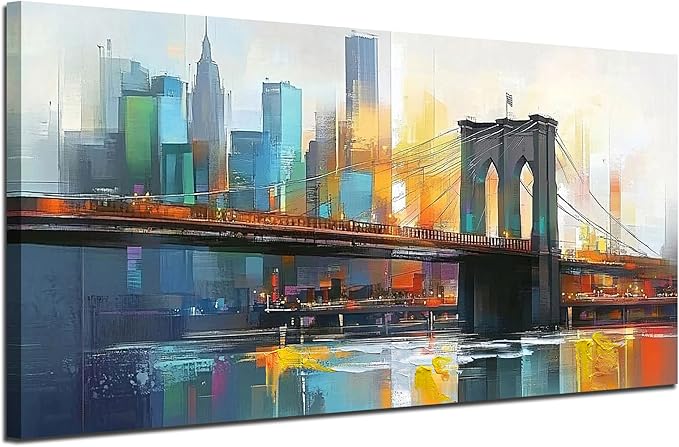 Arjun Cityscape Wall Art New York City Canvas Painting Brooklyn Bridge Manhattan Modern Blue Picture Grey Artwork Framed for Living Room Bedroom Dinning Room Bathroom Home Office Wall Decor 40"x20"