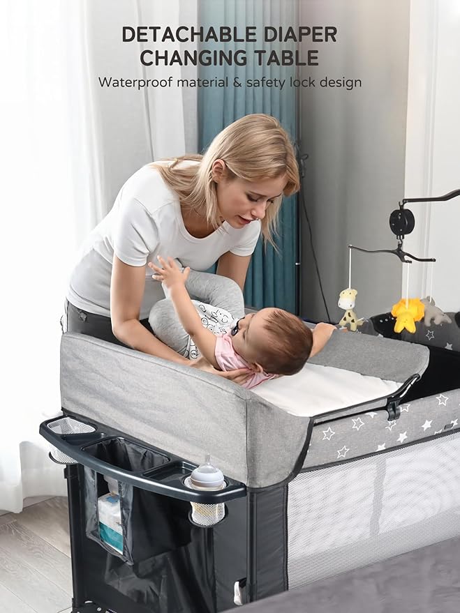 Bedside Bassinet for Baby, Portable Baby Crib with Mosquito Net, Mattress, Diaper Changer, Playpen for Newborn to Toddles, Pack and Play with Bassinet, 5 in 1 Bedside Crib