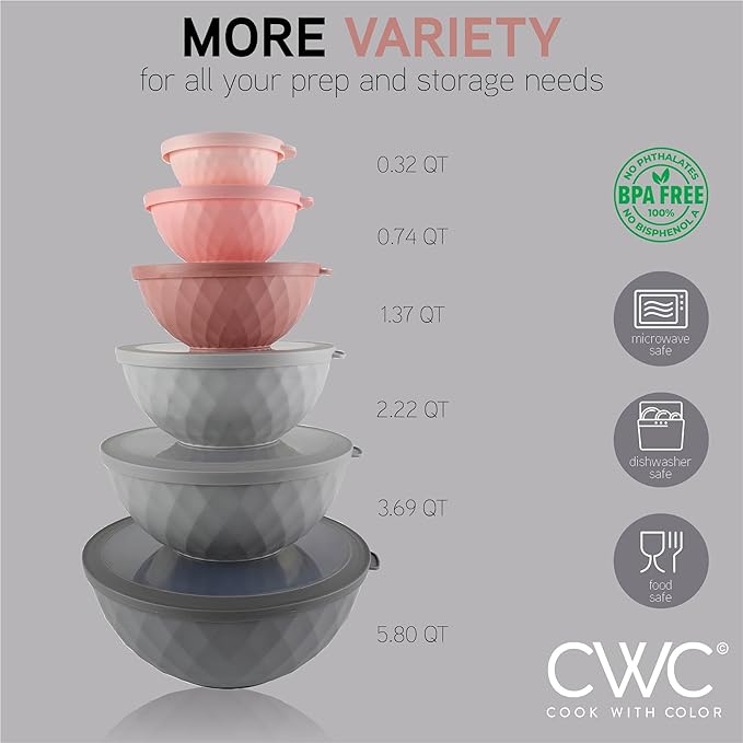 COOK WITH COLOR Mixing Bowls with Lids - 12 Piece Plastic Nesting Bowls Set includes 6 Prep Bowls and 6 Lids, Diamond Design - Microwave Safe (Mint)