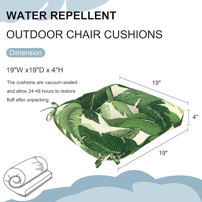 Set of 2 Outdoor Tufted Chair Cushions 19"x19"x4", Water Repellent Patio Seat Cushions with Ties, Replacement Chair Pads for Wicker Dining and Patio Furniture - Swaying Palms Green