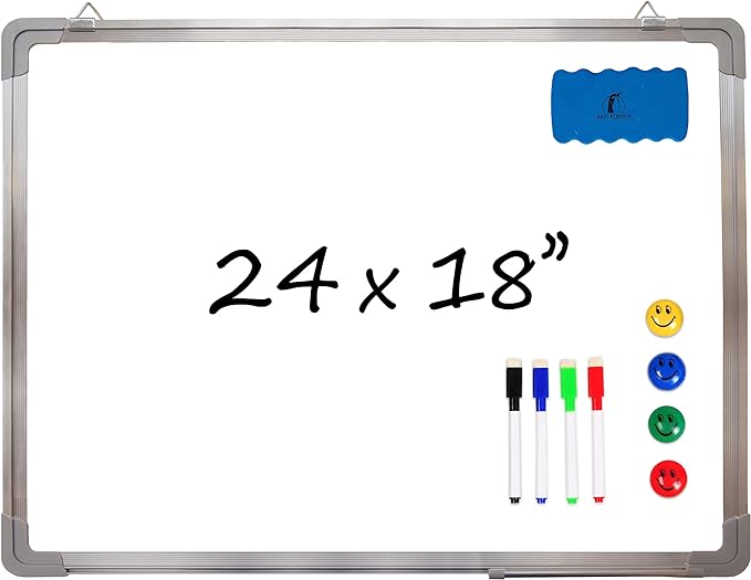 Whiteboard Set - Dry Erase Board 24 x 18 in with 1 Magnetic Dry Eraser, 4 Drywipe Markers and 4 Magnets - Small White Hanging Message Scoreboard for Home Office School (24x18 in)