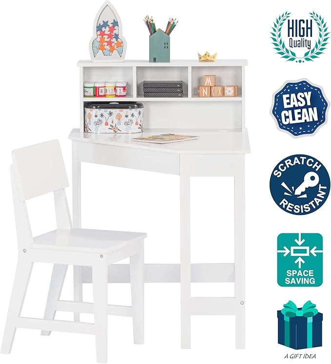 UTEX Kids Desk, Kids Corner Desk and Chair Set, Children Study Table with Storage and Hutch for Home School Use, White