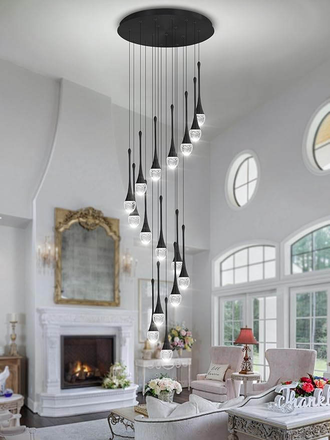 120'' Bubble Crystal Raindrop Chandeliers 16-Lights Black Long Staircase Chandelier Foyer High Ceiling Chandeliers Loft Slante LED Dimmable Ceiling Fixtures