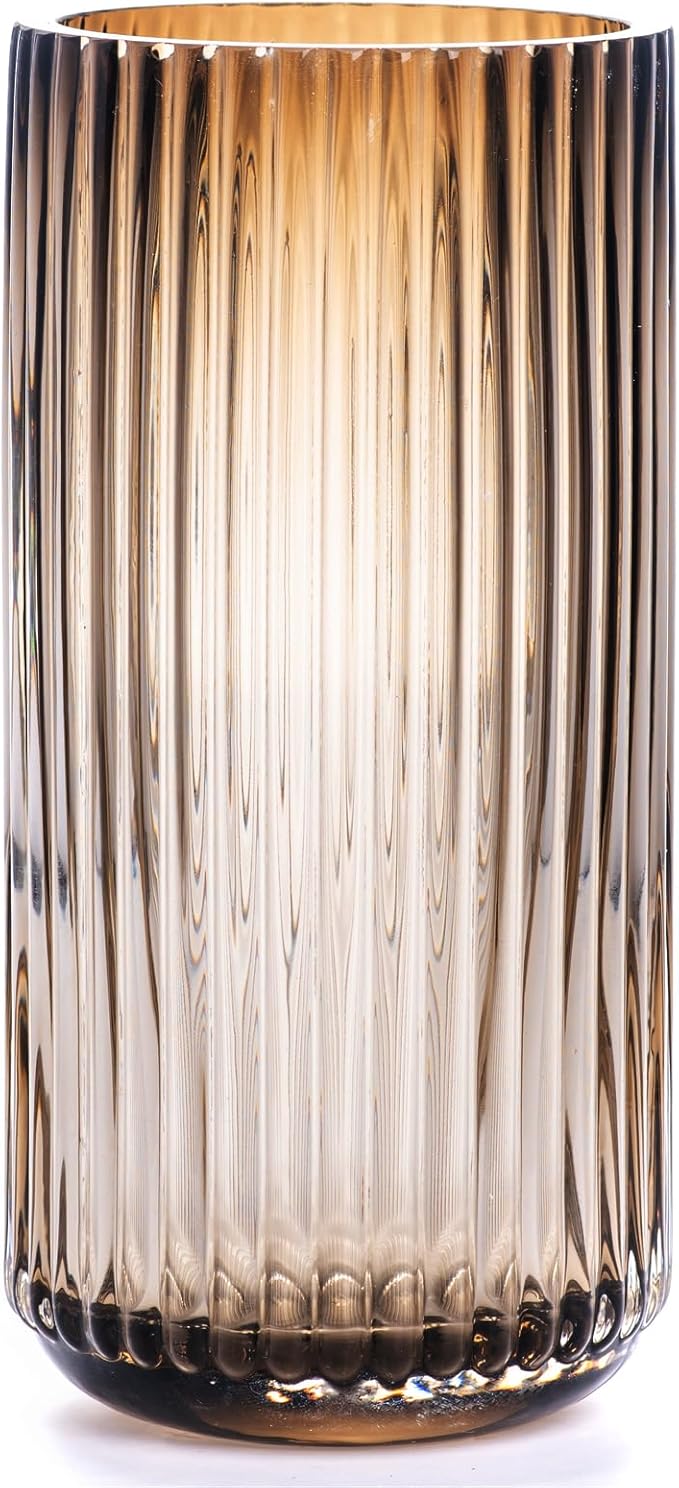 Flower Vase 9.7 inch Amber Thickened Hand Blow Glass Vase Round Vintage Striped Bottles for Bookshelf,Dinner Table,Indoor Office Desktop,Meeting Room,Bathroom,Home