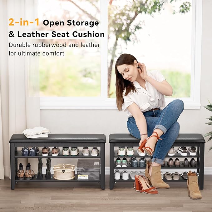 Entryway Shoe Storage Bench with Leather Cushion, Shoe Organizer Bench for Entryway, Ideal for Hallways Front Doors Entrances Mudrooms Featuring Rubberwood And 3 Height-Adjustable & Removable Shelve