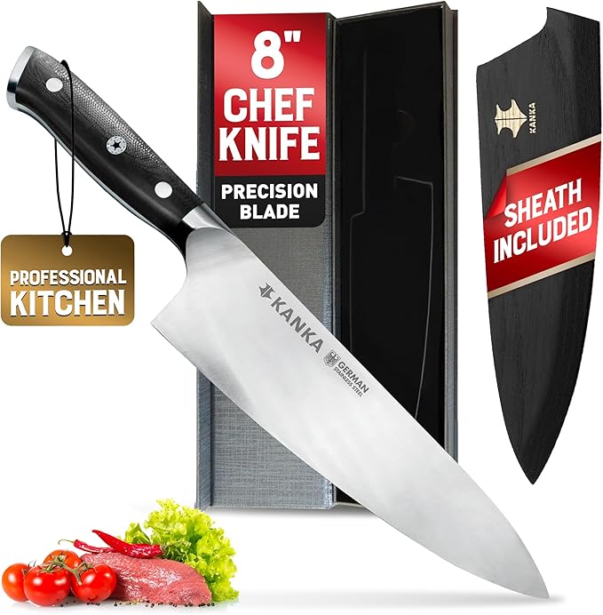 KANKA Professional 8 inch Chef Knife – High Grade 1.4116 Stainless Steel, Ultra-Premium G-10 Fiberglass Handle, Premium Wood Sheath Included – Essential Kitchen Knife for Chefs
