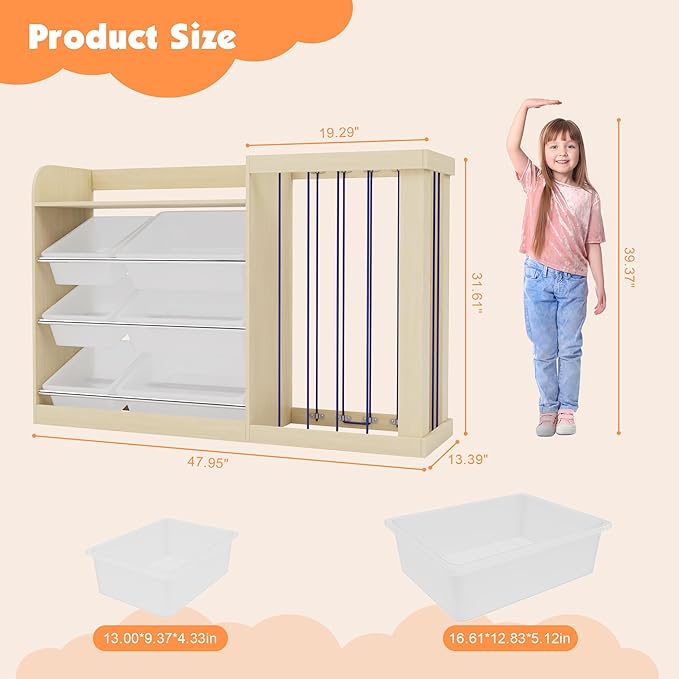 Kids Toy Storage Organizer with 6 Removable Plastic Bins Toddler Montessori Bookshelf with Stuffed Animal Net Holder Baby Bookcase Plush Organizer for Playroom,Bedroom,Kids Room,Classroom