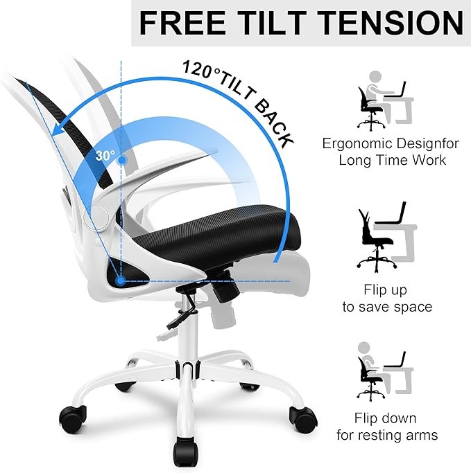 Primy Office Chair Ergonomic Desk Chair with Adjustable Lumbar Support and Height, Swivel Breathable Desk Mesh Computer Chair with Flip up Armrests for Conference Room(White)