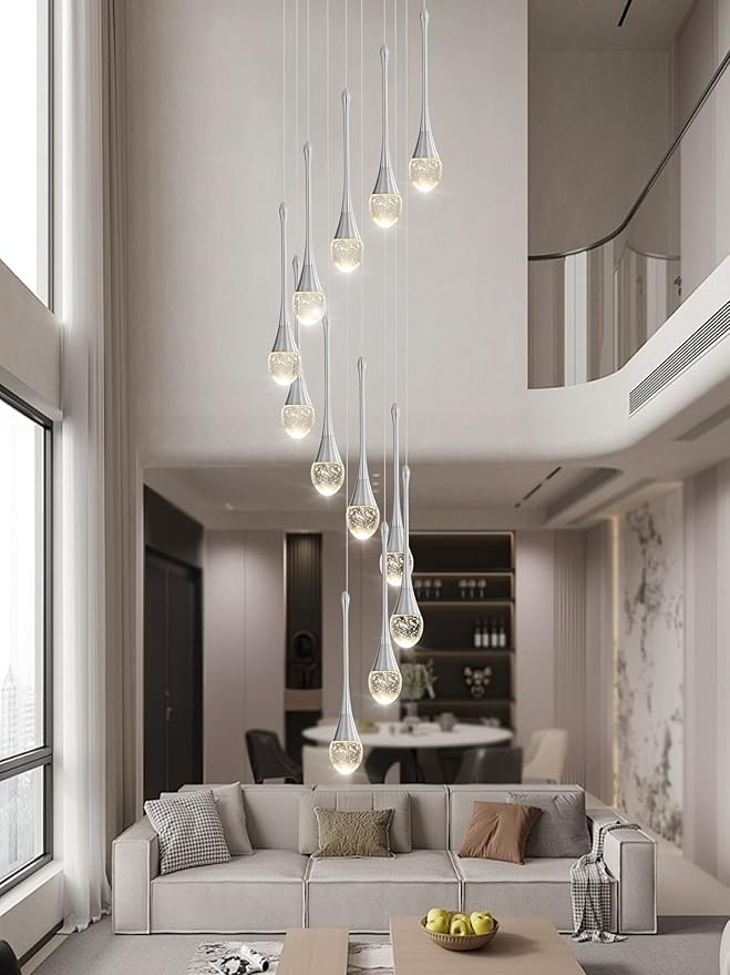 H120'' Long Crystal Raindrop Chandelier 12 Lights Foyer Pendant Lighting Entrwey High Ceiling Chandeliers LED Dimmable Lighting…