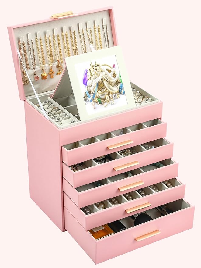 BOOVO Jewelry Box with Necklace Hanger – 6 layer Jewelry Organizer for Women with 5 Drawers, Large Jewelry Storage Boxes –Jewelry Organizers and Storage for Earrings, Necklaces (Pink, 6 layer)