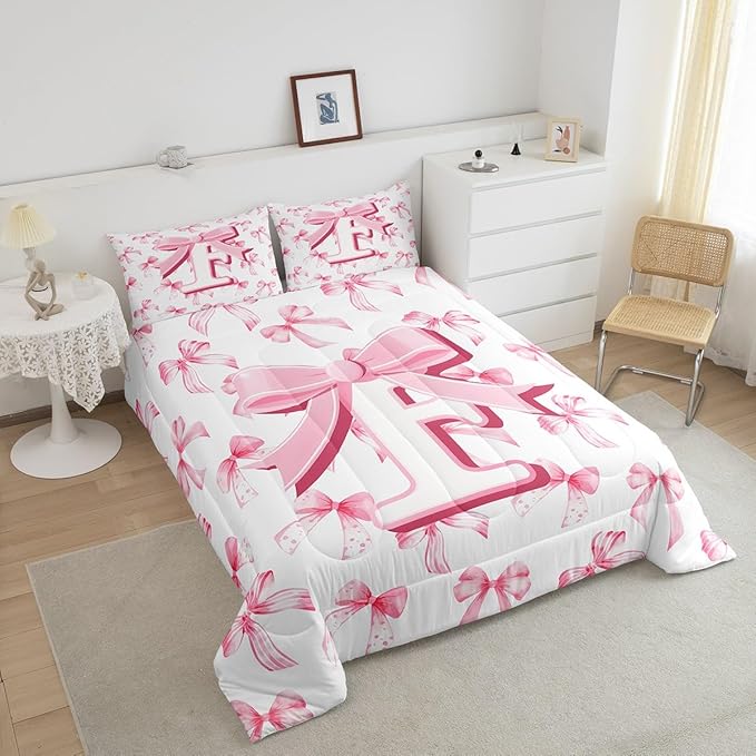 jejeloiu Kids Girls Cute Pink Bow Comforter Set Full Size Monogrammed Bedding Set Ultra Soft Personalized Initial F Duvet Quilt Coquette Bow Knot Quilt Set Room Decor Modern Fashion Comforter