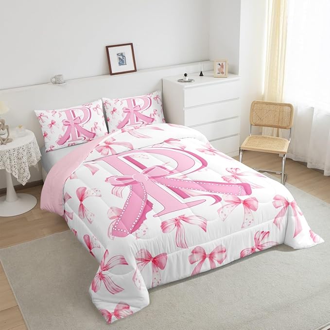 jejeloiu Kids Girls Cute Pink Bow Comforter Set Toddler Size Monogrammed Bedding Set Ultra Soft Personalized Initial P Duvet Quilt Coquette Bow Knot Quilt Set Room Decor Modern Fashion Comforter