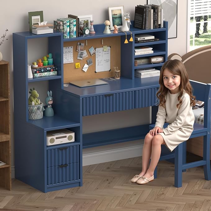 Blue Wooden Kids Fluted Desk and Chair Set,Kids Study Desk with Storage Shelves,Kids Study Table and Chair Set with 4 Fluted Drawers,Girls Study Desk for Kids with Hutch for Bedroom-p7P54u