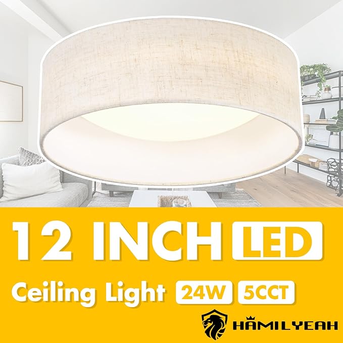 Hamilyeah LED Flush Mount Ceiling Light with Fabric Shade, 12 inch Kitchen Lighting Fixture Ceiling Mount 5CCT, Dimmable Beige Linen Ceiling Lighting Fixture 24W for Bedroom,Living Room, Kitchen