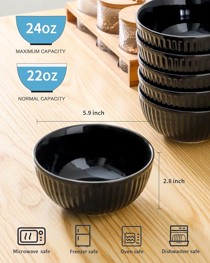Hasense Soup Bowls Set Ceramic 24 Oz - 6 Inch Cereal Bowl Set of 6 for Kitchen,Modern Ribbed Black Porcelain Dishes for Entertaining,Soup,Oatmeal,Pasta,Cereal,Noodle - Dishwasher & Microwave Safe