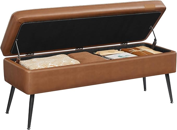 VASAGLE EKHO Collection - Storage Ottoman Bench, Entryway Bedroom Bench, 15 Gallons, Synthetic Leather with Stitching, Mid-Century Modern, Safety Hinges, Loads 660 lb, Caramel Brown ULOM074K01