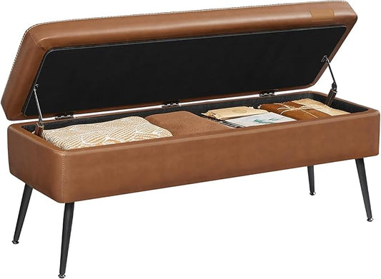 VASAGLE EKHO Collection - Storage Ottoman Bench, Entryway Bedroom Bench, 15 Gallons, Synthetic Leather with Stitching, Mid-Century Modern, Safety Hinges, Loads 660 lb, Caramel Brown ULOM074K01