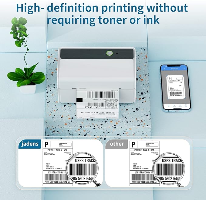JADENS Bluetooth Thermal Label Printer -Wireless Shipping Label Printer for Small Businesses & Package, USPS, Etsy, Amazon, Compatible with iPhone, Windows, Android, 4x6, Label Maker, White