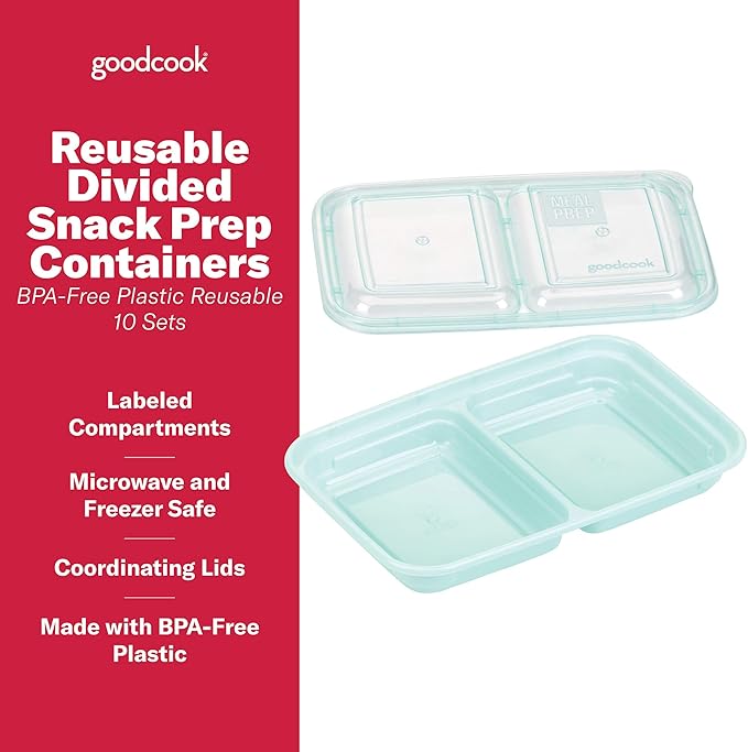 GoodCook 2-Compartment Food Storage Container Set with Snap-Shut Lids, Reusable Divided Snack Containers with Lids, Set of 10, Blue