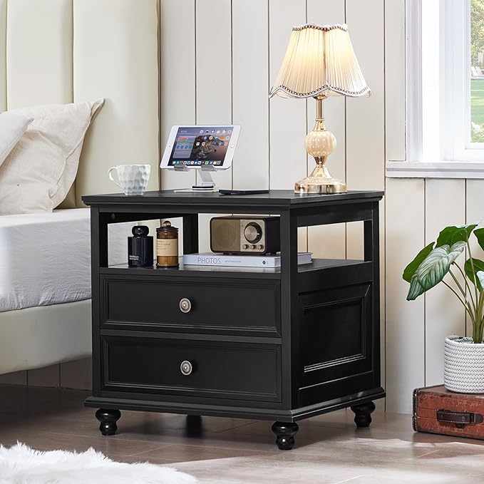24" Wide Farmhouse Night Stand,Large End Table with 2 Drawers & Metal Handle,Wood Dresser for Bedroom, Black Bed Side Table Chest of Drawers Cabinet,Nightstand for Living Room,Closet