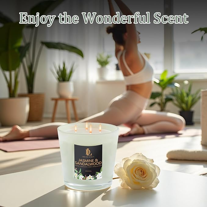 Jasmine & Sandalwood Scented Candle, Large 30oz Natural Soy Candles, 4-Wick 80 Hour Burn Time, Home Fragrance Candles Housewarming Gift for Women Men