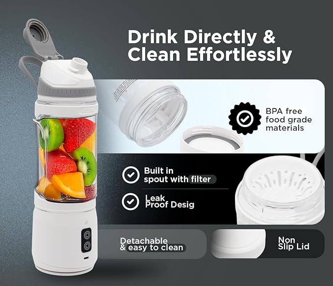 Rechargeable Smoothie Blender 700ml – Portable Mini Travel Blender for Shakes and Smoothies with Six Stainless Steel Blades and USB Charging (White and Gray)