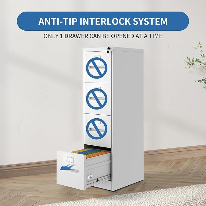 4 Drawer File Cabinet with Lock, Metal Filing Cabinets for Home Office, Vertical Narrow File Cabinet Lockable Steel Storage Cabinets for Letter/Legal/F4/A4 Size, Assembly Required(White)