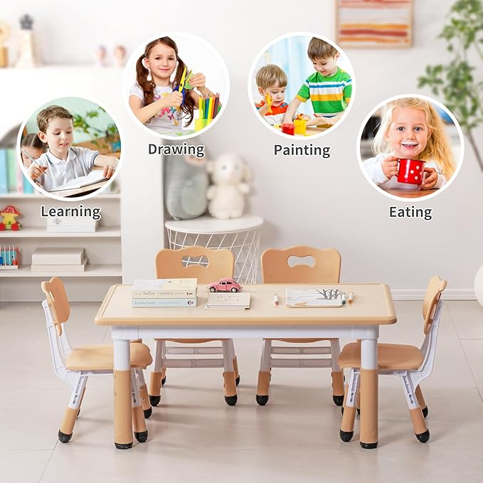 Unicoo Kids Table and Chairs Set, Height Adjustable Multi-Activity Preschool Table with Graffiti Desktop for Ages 2-8 Versatile Kids Tables for Play, Learning, and Creativity(Maple Top/Natural Border)